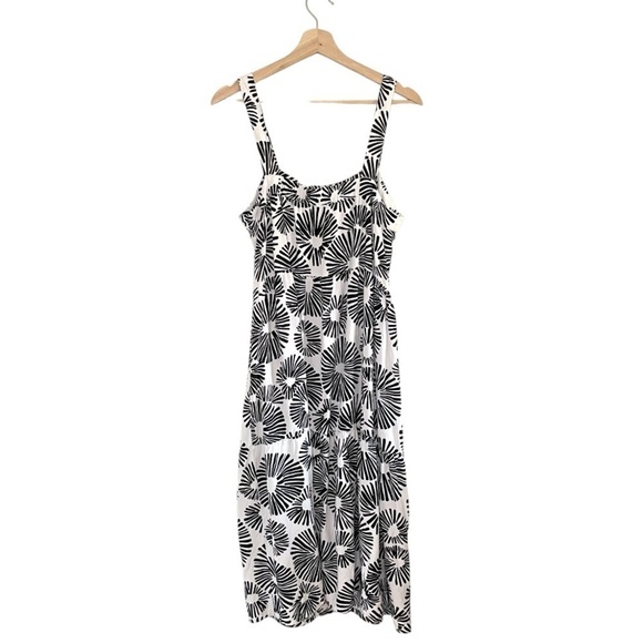 LOFT Linen Blend Firework Tiered Square Neck Midi Dress Black White Large - Picture 4 of 8